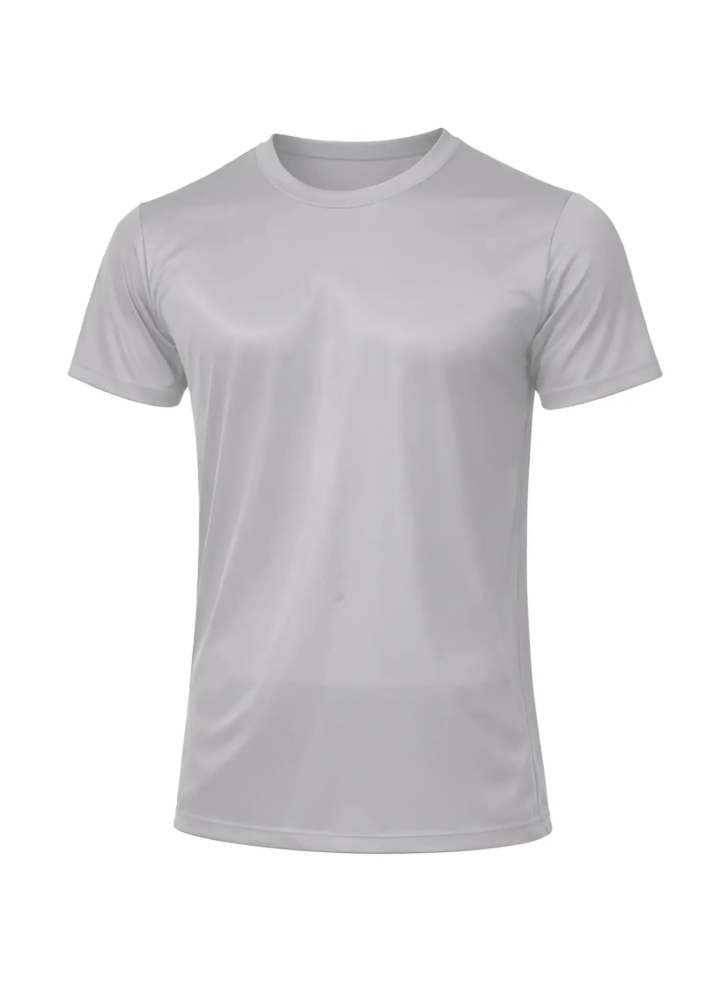 A plain white nylon tricot crew neck t-shirt with short sleeves made of smooth lightweight fabric