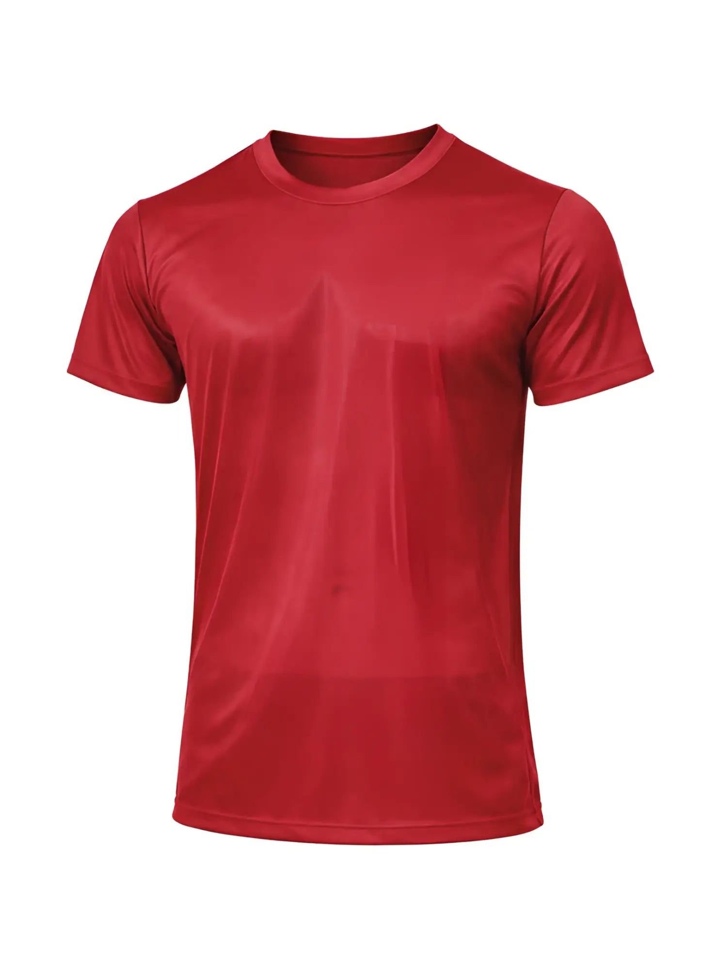 Red nylon tricot crew neck t-shirt with short sleeves and smooth performance fabric for athletic use