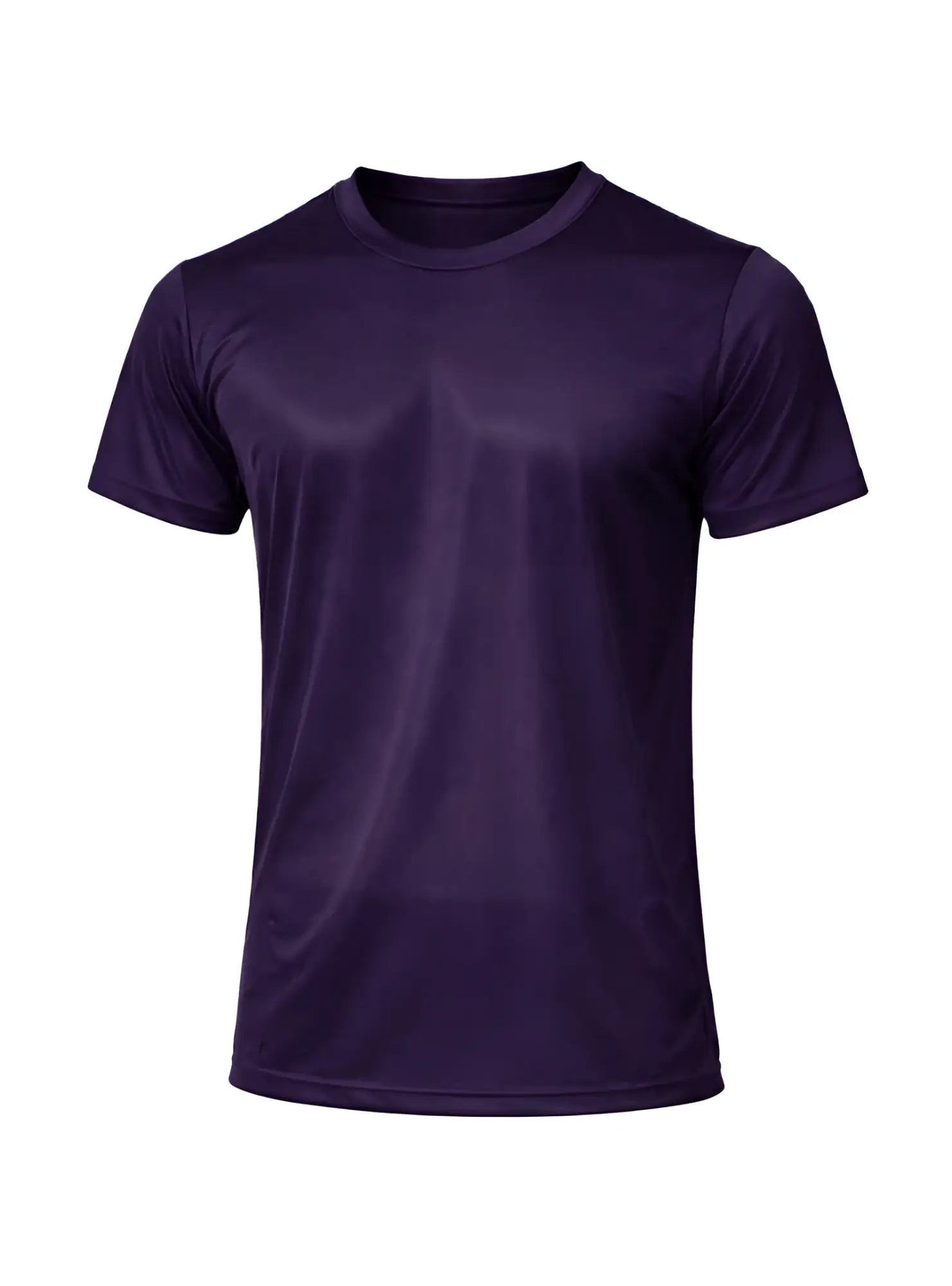 A solid purple nylon tricot crew neck t-shirt with short sleeves and smooth slightly shiny fabric