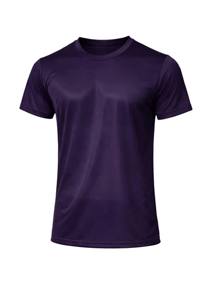 A solid purple nylon tricot crew neck t-shirt with short sleeves and smooth slightly shiny fabric