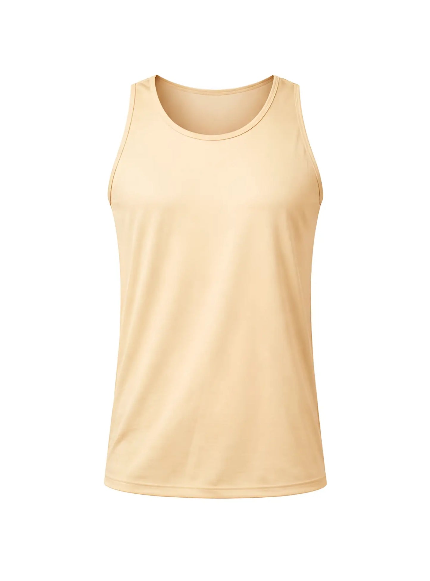 Beige nylon tricot sleeveless athletic tank top with round neckline and lightweight smooth fabric