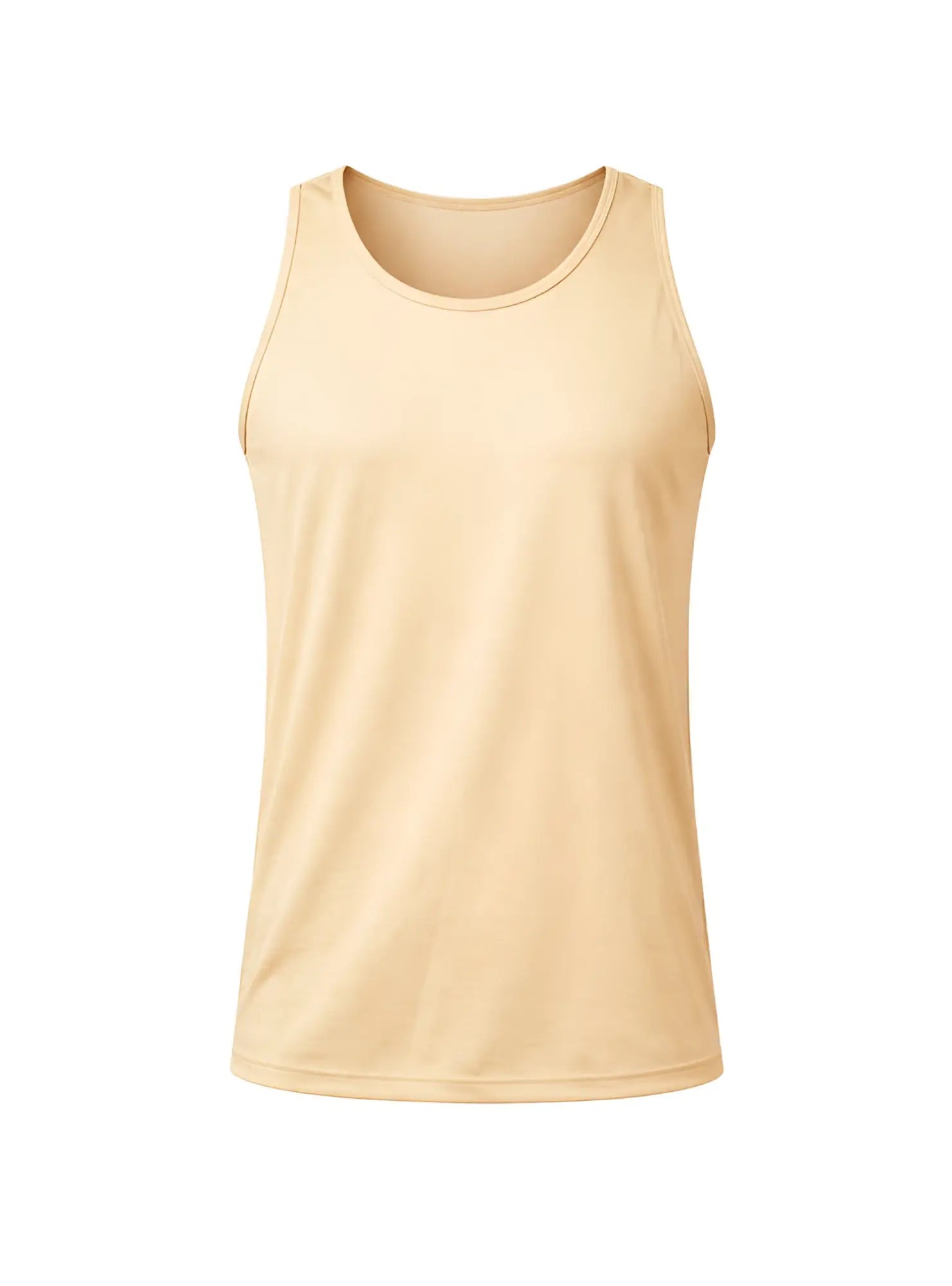 Beige nylon tricot sleeveless athletic tank top with round neckline and lightweight smooth fabric