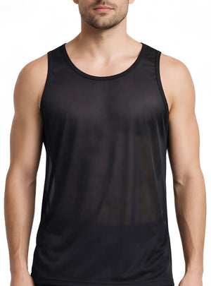 Black mesh nylon tricot tank top with round neckline and seamless construction for athletic wear