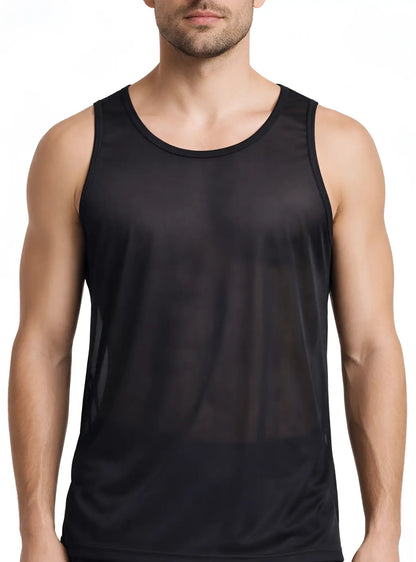 Black mesh nylon tricot tank top with round neckline and seamless construction for athletic wear