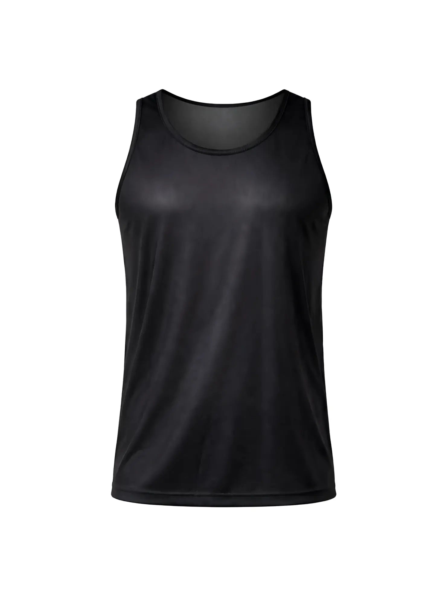 Black sleeveless nylon tricot tank top with smooth moisture-wicking fabric and mesh lining at the neckline