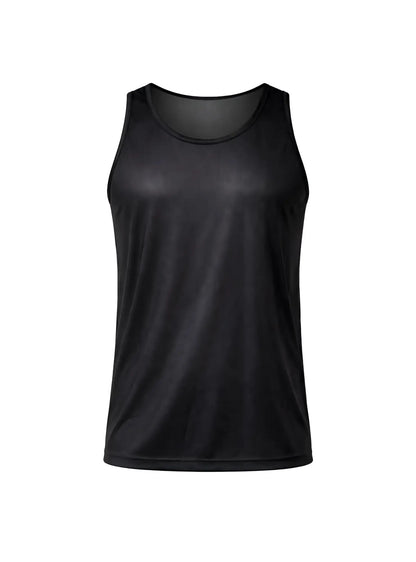 Black sleeveless nylon tricot tank top with smooth moisture-wicking fabric and mesh lining at the neckline