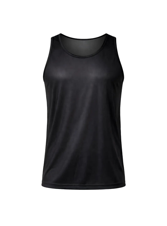 Black sleeveless nylon tricot tank top with smooth moisture-wicking fabric and mesh lining at the neckline