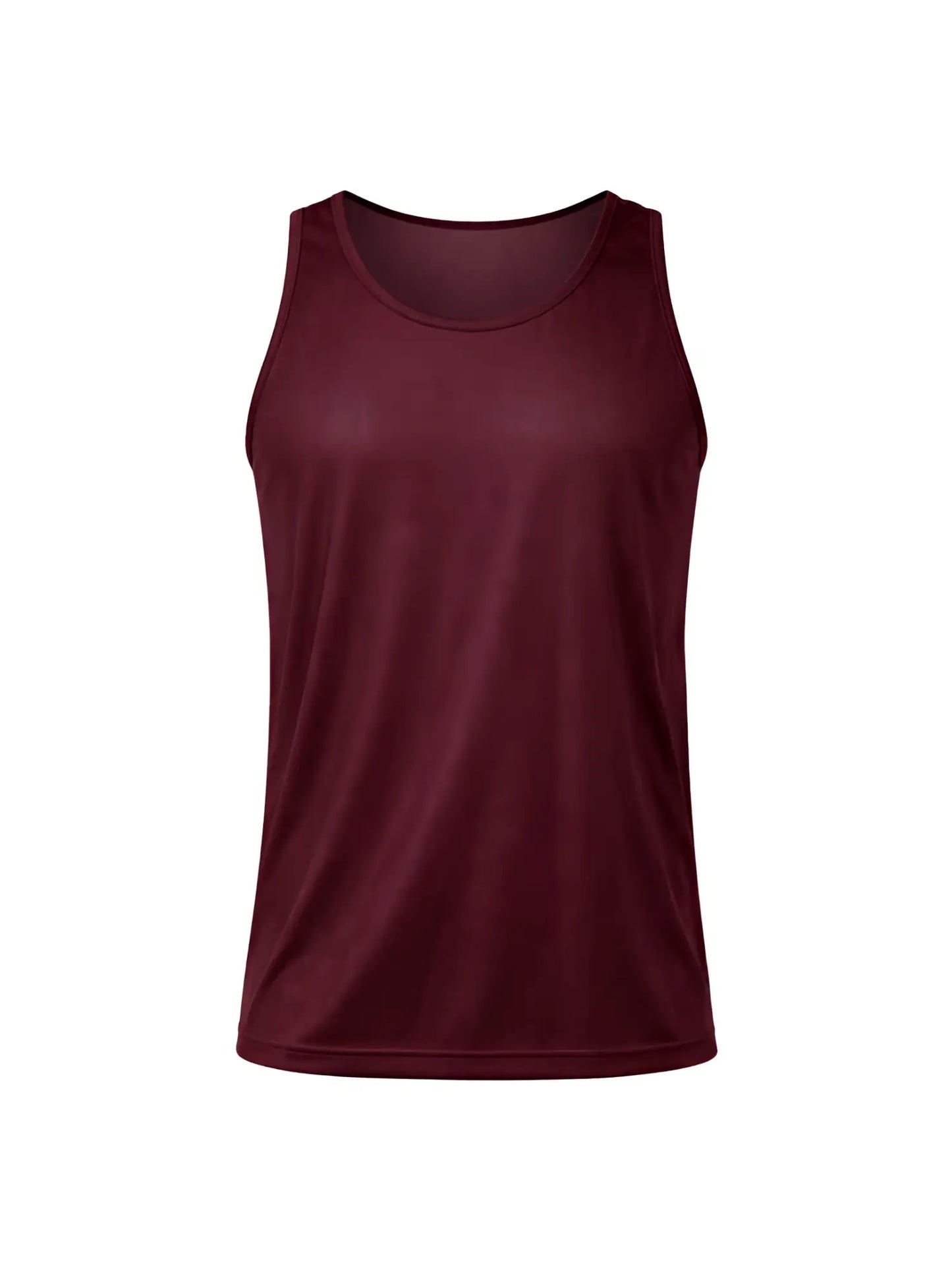 Maroon nylon tricot athletic tank top with smooth form-fitting design and subtle ribbed trim along the neckline