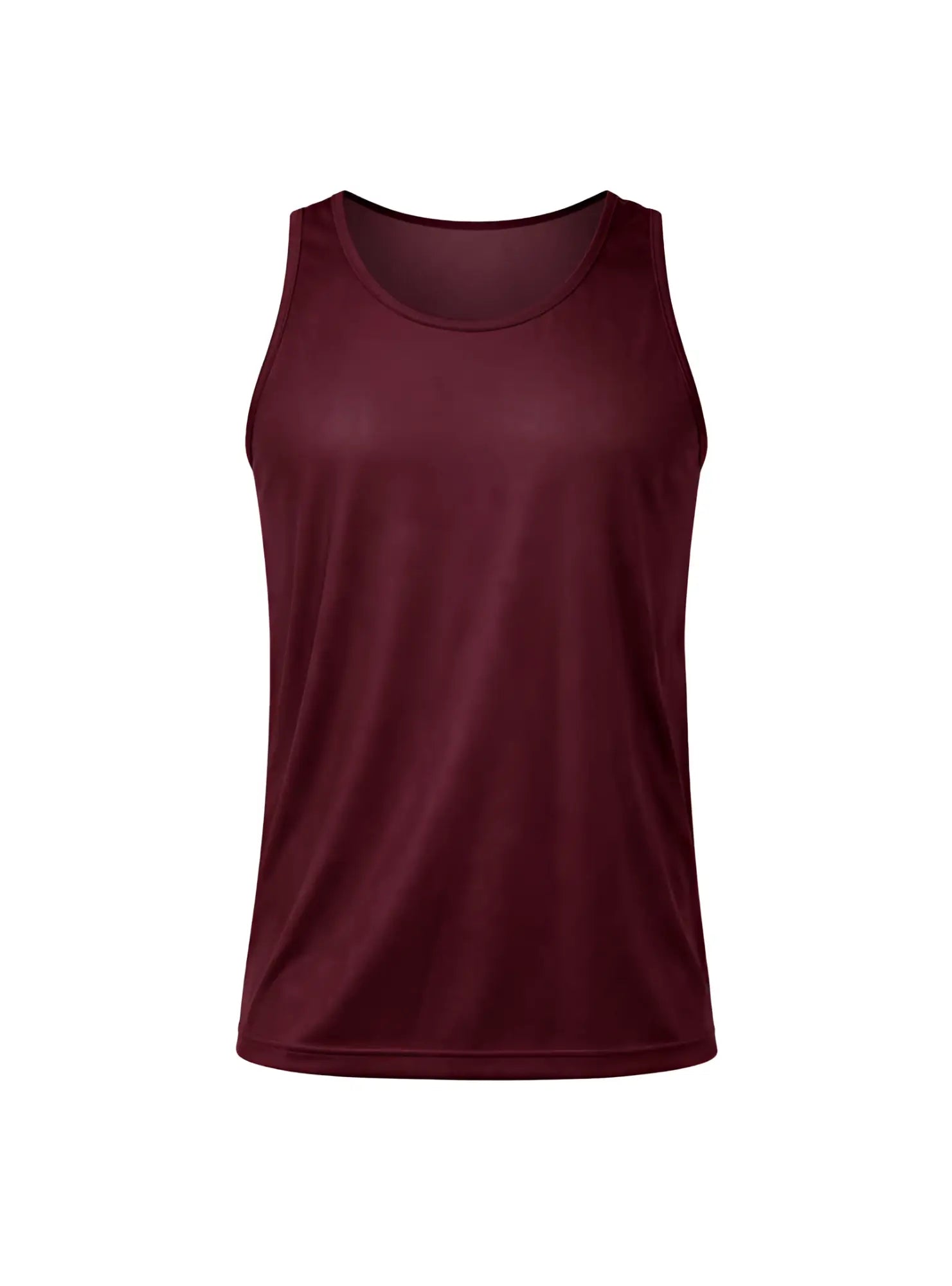 Maroon nylon tricot athletic tank top with smooth form-fitting design and subtle ribbed trim along the neckline