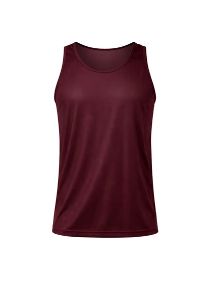 Maroon nylon tricot athletic tank top with smooth form-fitting design and subtle ribbed trim along the neckline