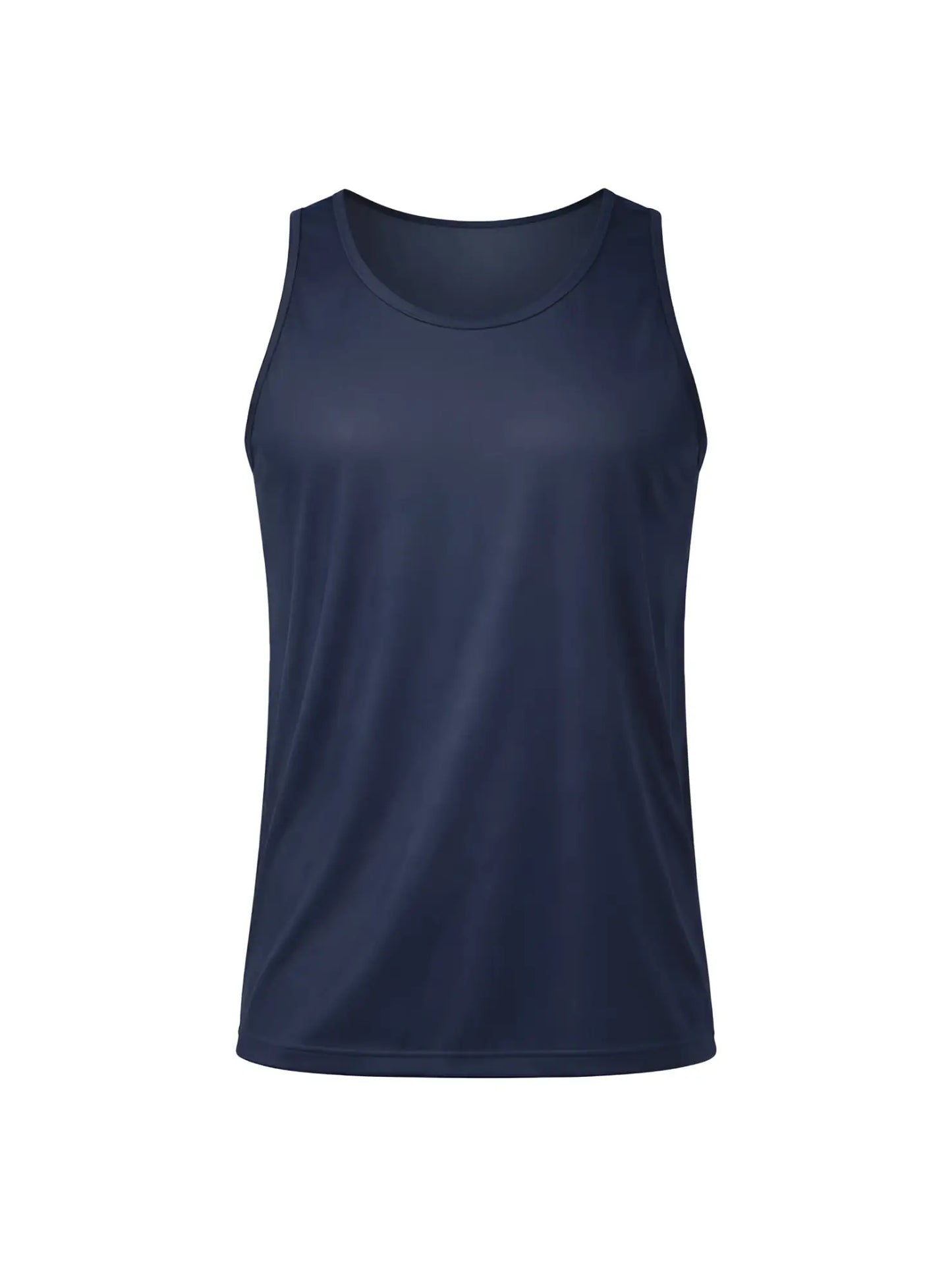 Navy blue sleeveless nylon tricot tank top designed for athletic wear shown from the back side
