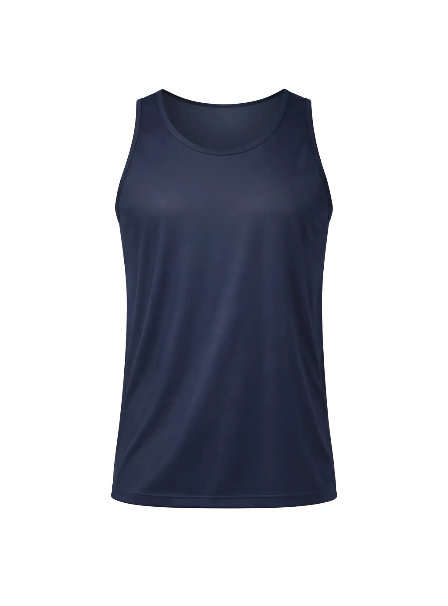 Navy blue sleeveless nylon tricot tank top designed for athletic wear shown from the back side