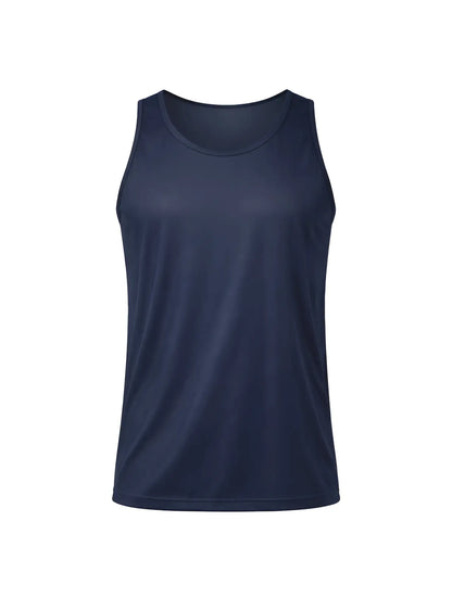 Navy blue sleeveless nylon tricot tank top designed for athletic wear shown from the back side