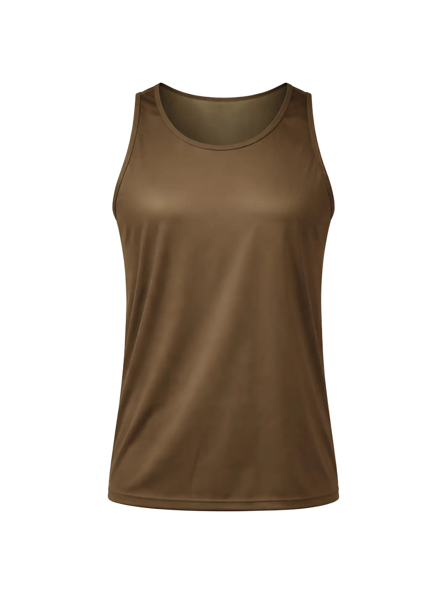 A sleek solid olive green sleeveless nylon tricot tank top with rounded neckline and smooth fabric