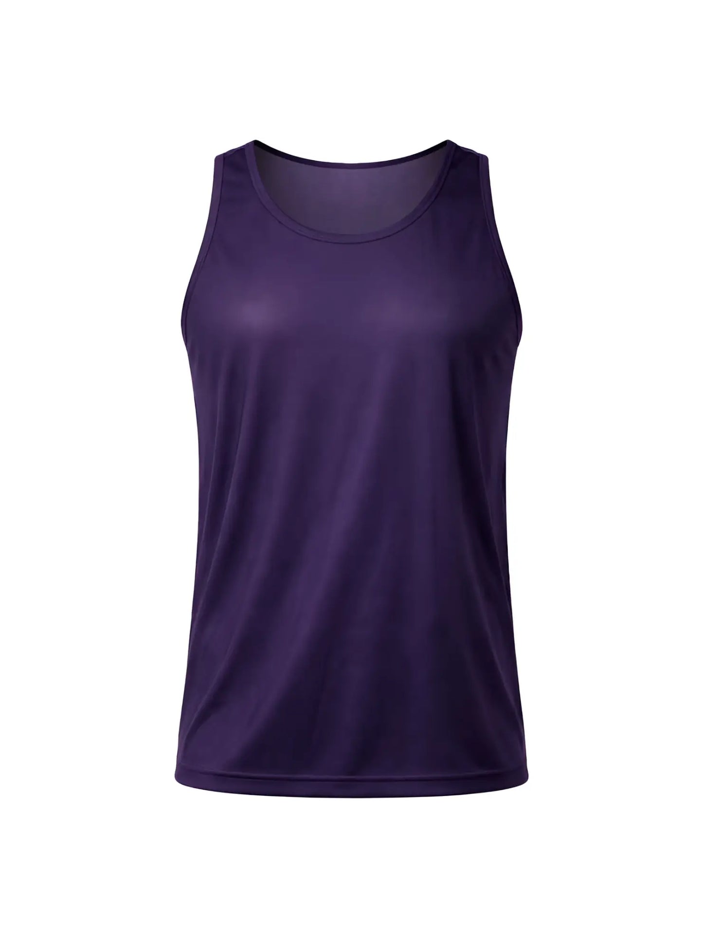 A solid purple sleeveless nylon tricot tank top with a rounded neckline and smooth, form-fitting fabric
