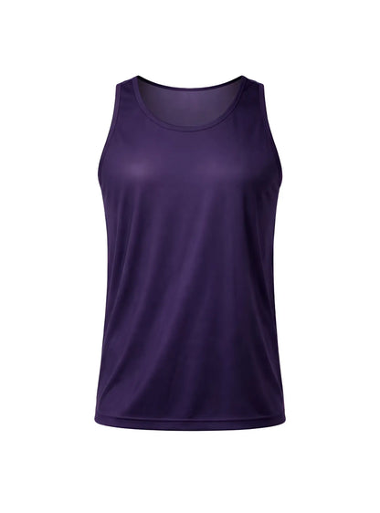 A solid purple sleeveless nylon tricot tank top with a rounded neckline and smooth, form-fitting fabric