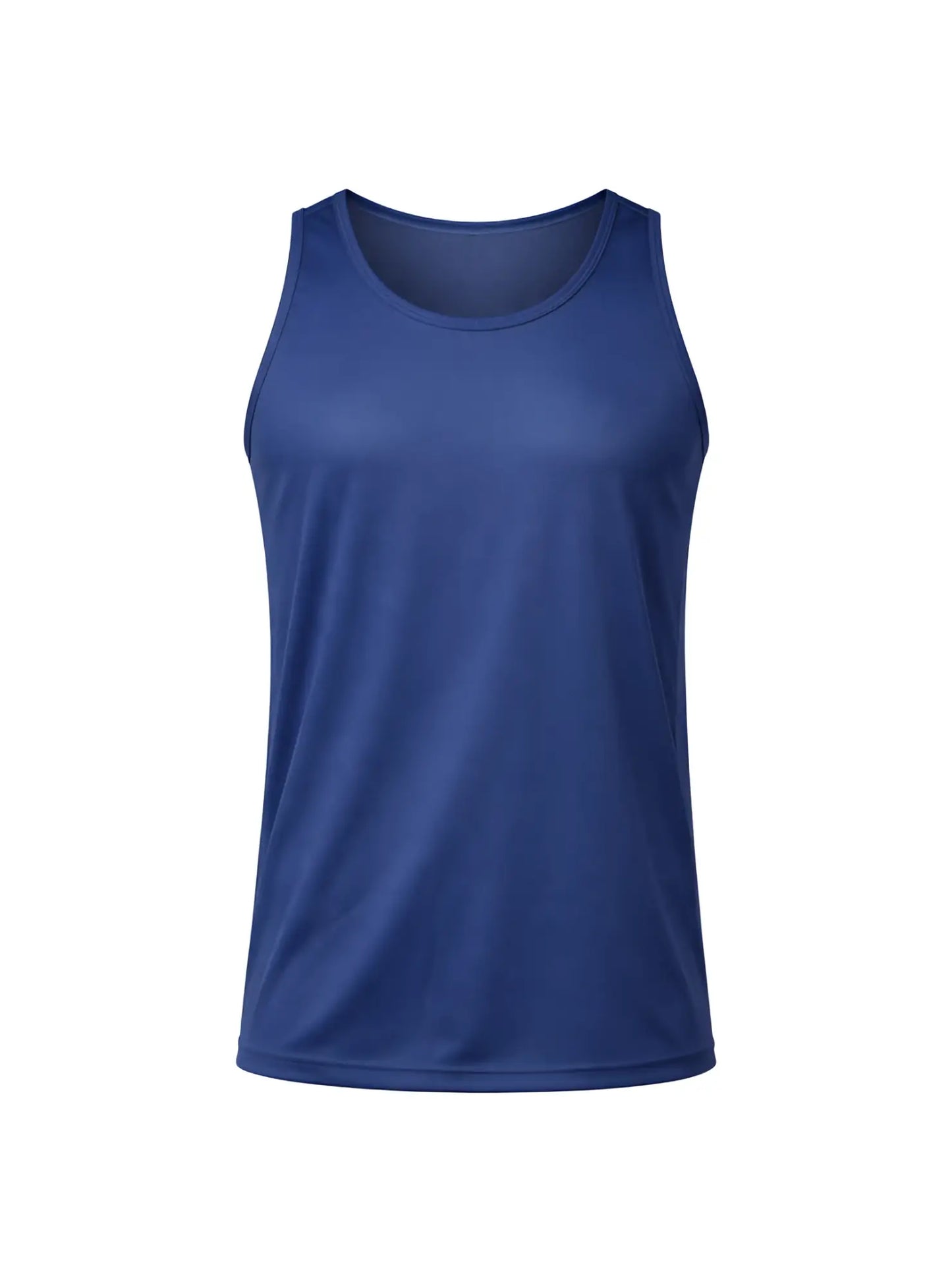 A royal blue nylon tricot sleeveless athletic tank top with a rounded neckline and smooth form-fitting fabric
