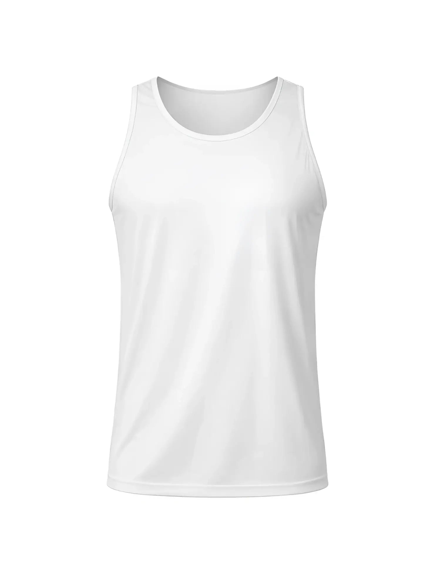 White sleeveless nylon tricot tank top with smooth lightweight fabric and rounded neckline for athletic use