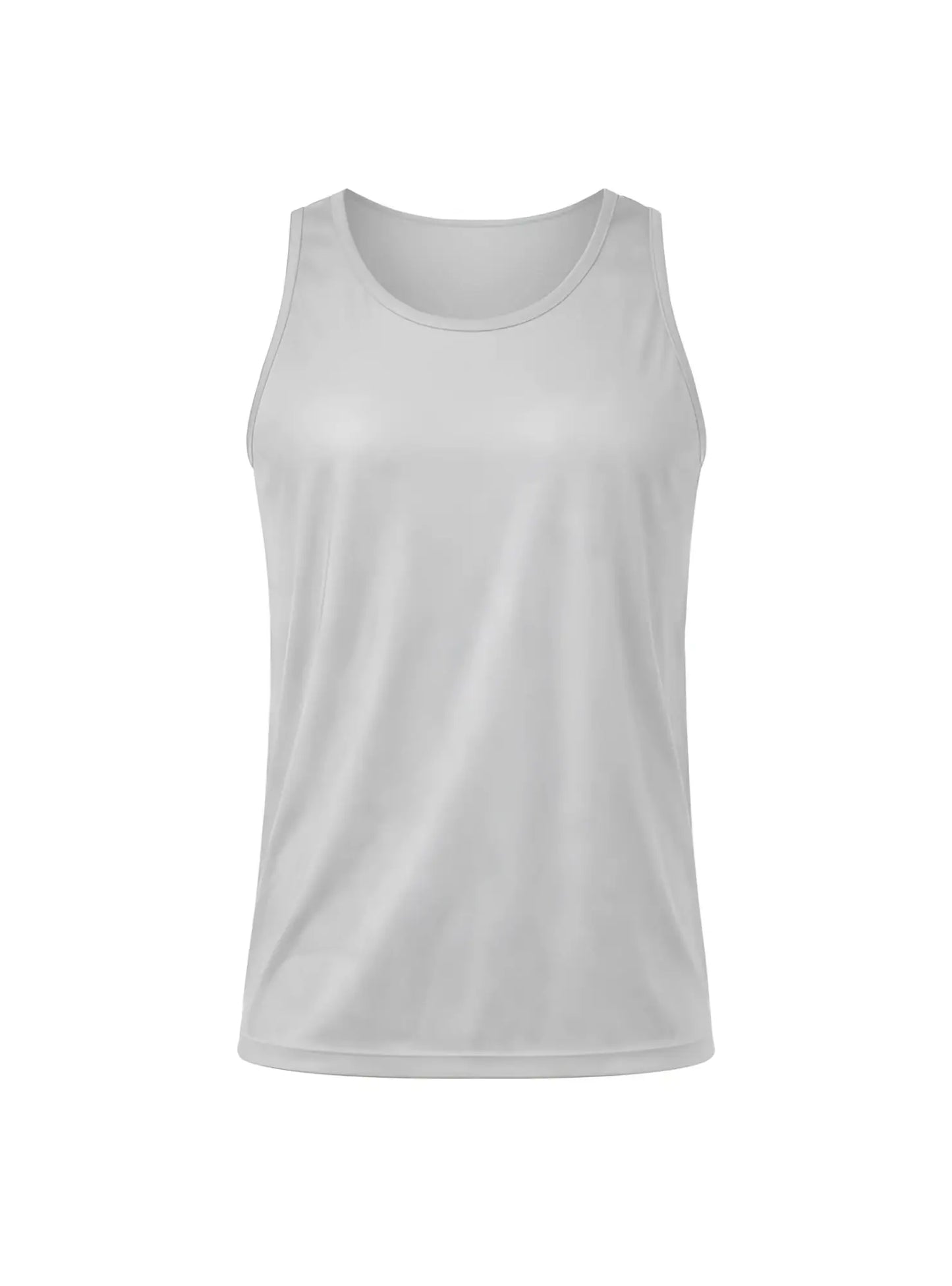 White sleeveless nylon tricot tank top with smooth lightweight fabric and rounded neckline for athletic use