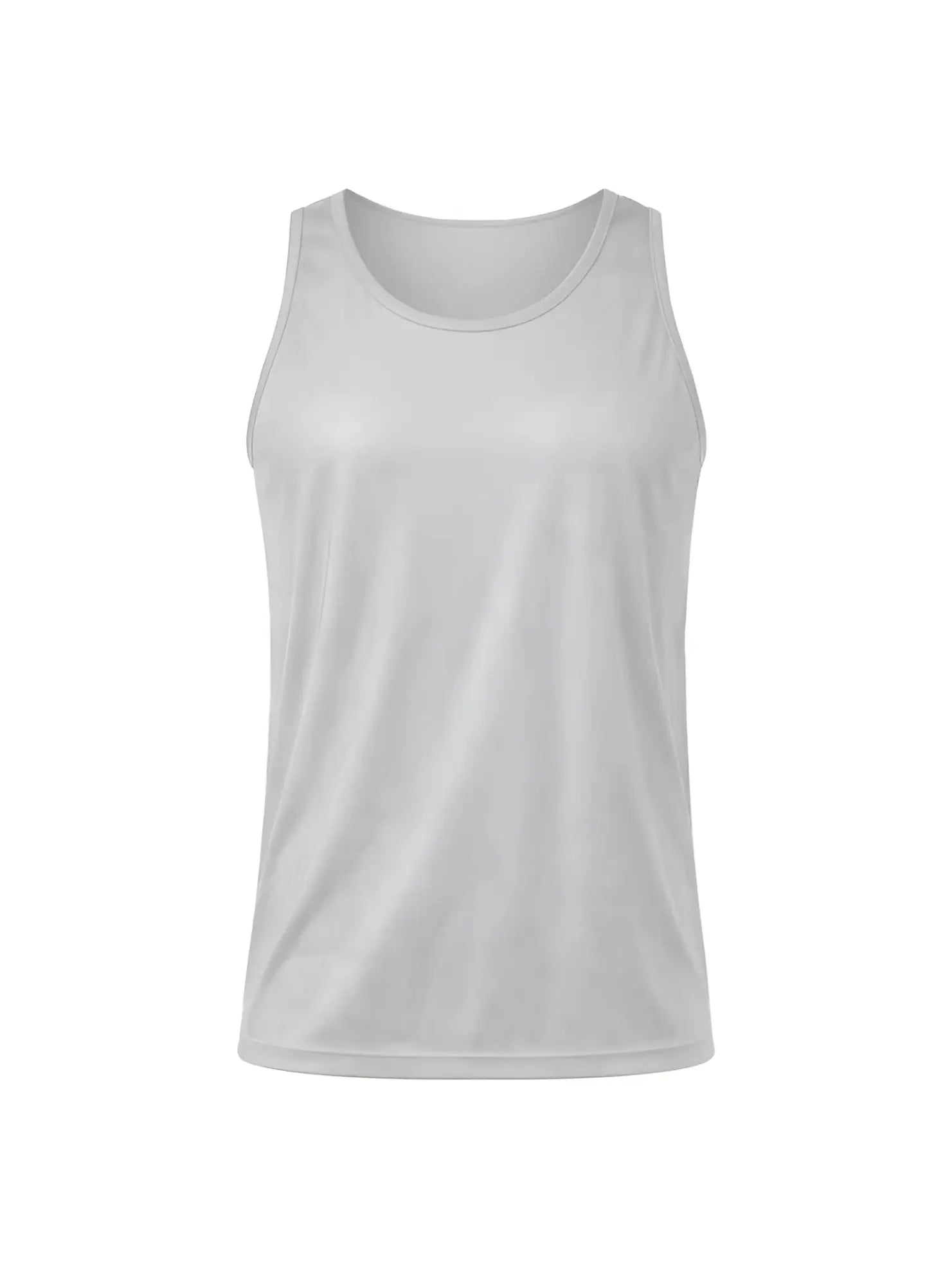 White sleeveless nylon tricot tank top with smooth lightweight fabric and rounded neckline for athletic use