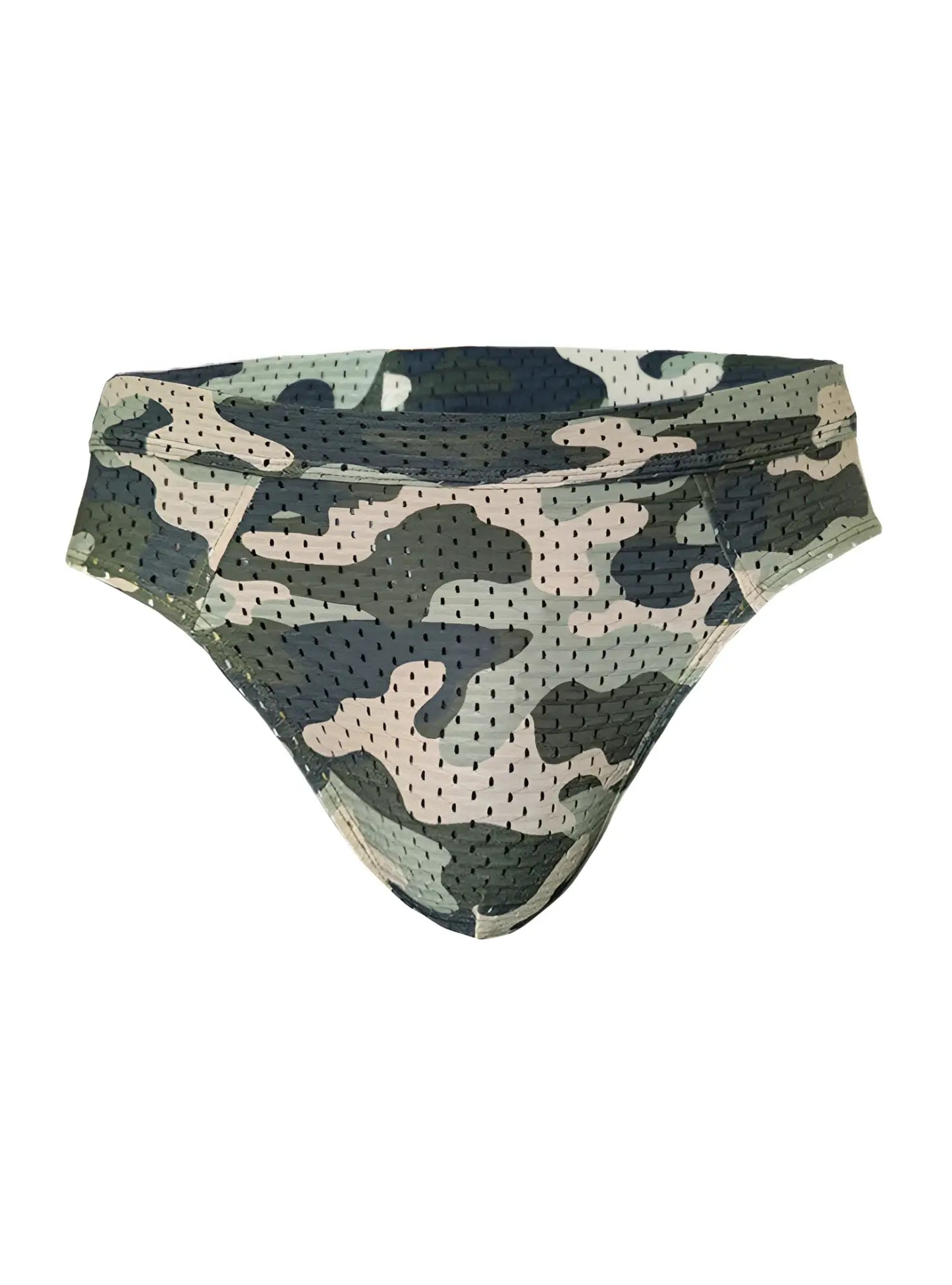 Nylux camo brief in camouflage mesh fabric with green beige and black shades for breathable everyday wear