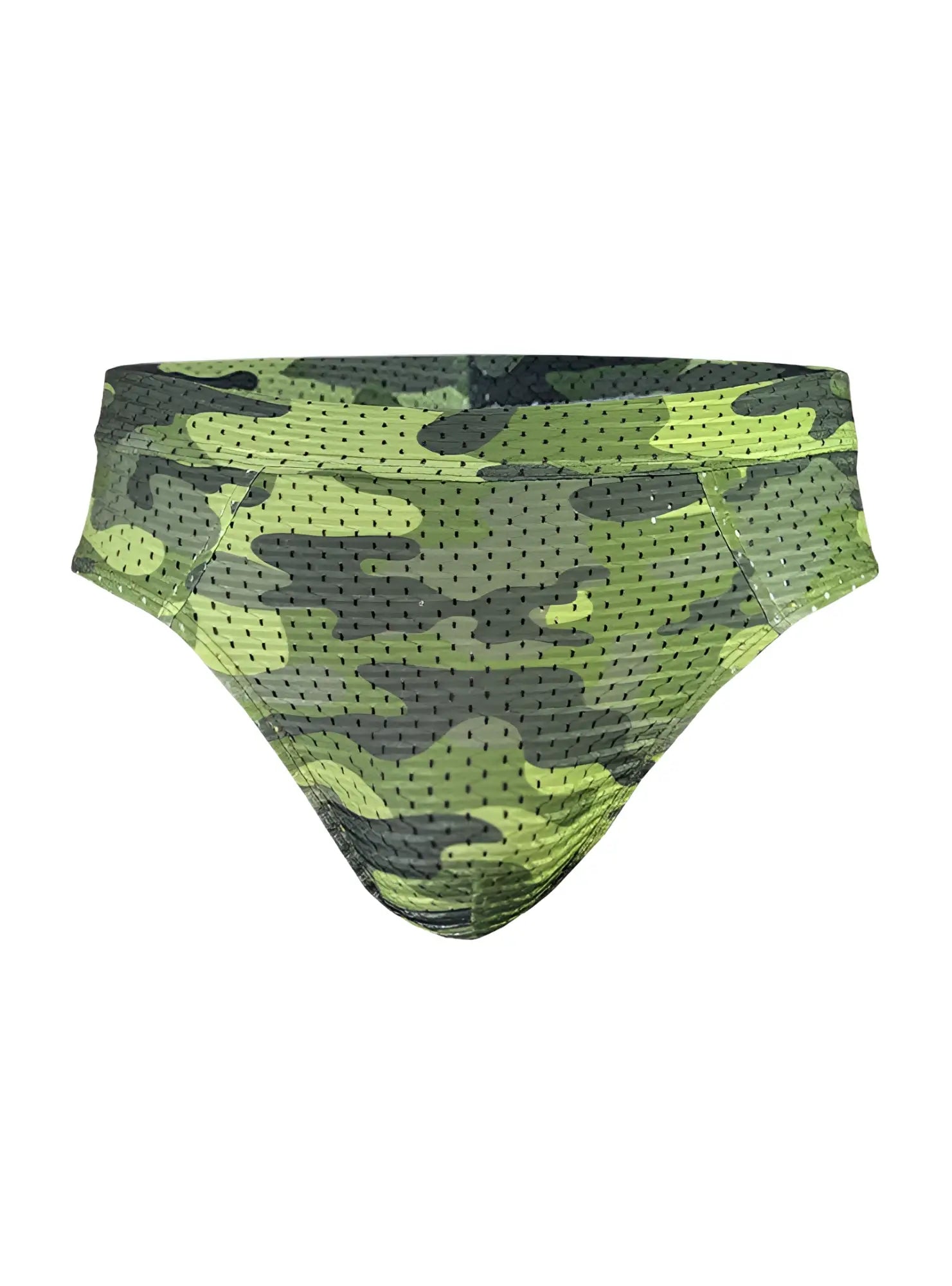 Nylux camo brief swim trunks in green and black camouflage perforated mesh fabric for quick drying and comfort