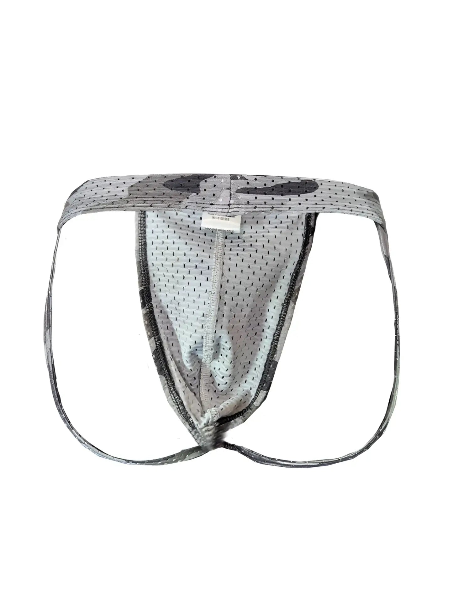 Gray mesh nylux camo jockstrap briefs with subtle black pattern and reinforced elastic waistband for athletic use