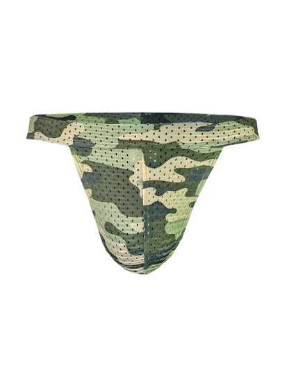 Green and beige camouflage patterned mesh briefs from nylux camo jockstrap with breathable material design