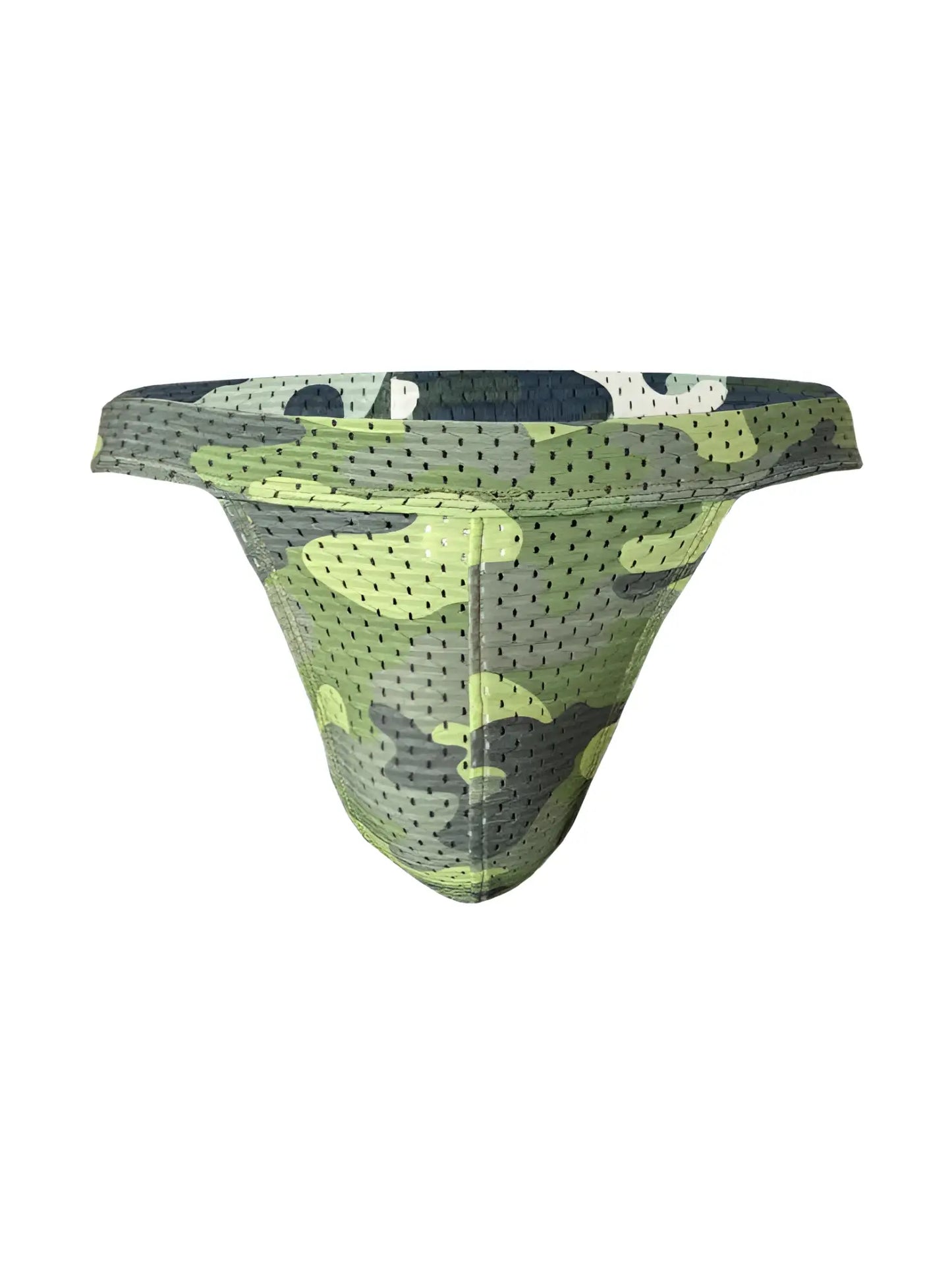 Green and gray camouflage patterned mesh briefs nylux camo jockstrap showcasing breathable material and design