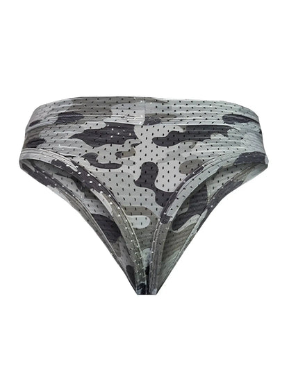 Gray and black camouflage mesh thong bikini bottom with perforated design nylon blend shown from the back side