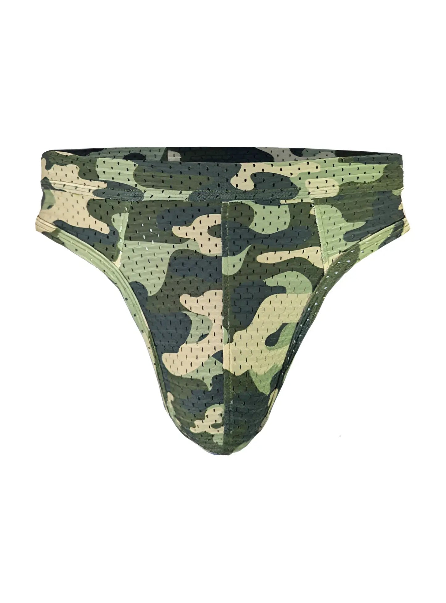 Green and beige camouflage nylux camo thong briefs with perforated mesh design for athletic use front view