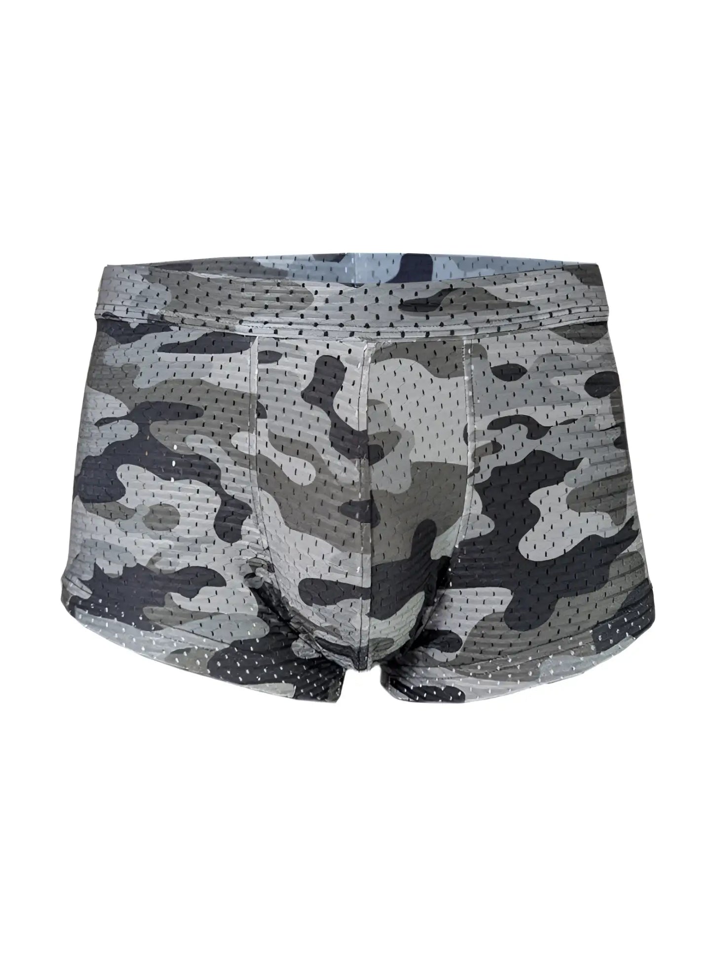 Gray and black camouflage patterned nylon mesh boxer briefs named nylux camo trunk for comfortable everyday wear