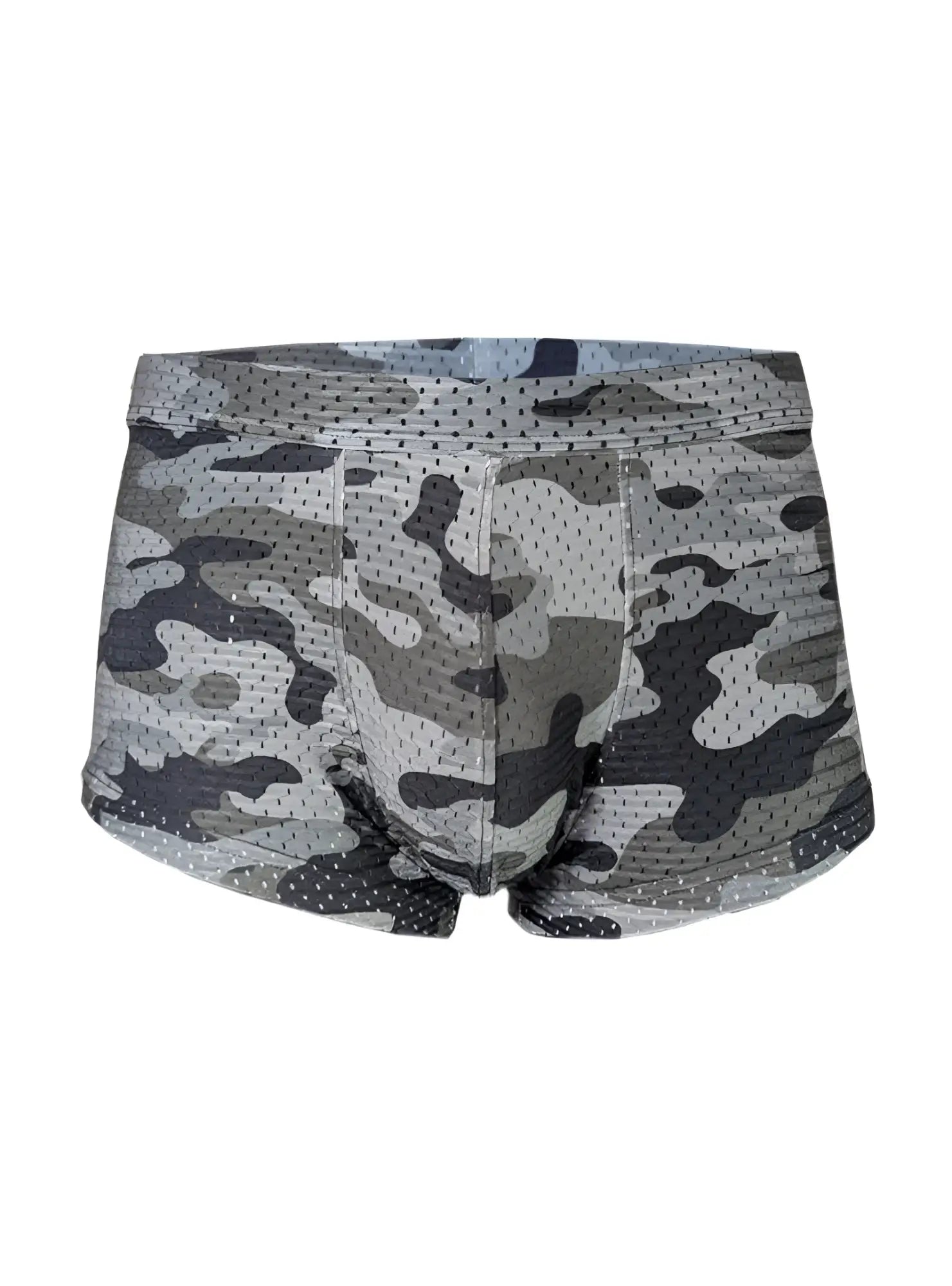 Gray and black camouflage patterned nylon mesh boxer briefs named nylux camo trunk for comfortable everyday wear