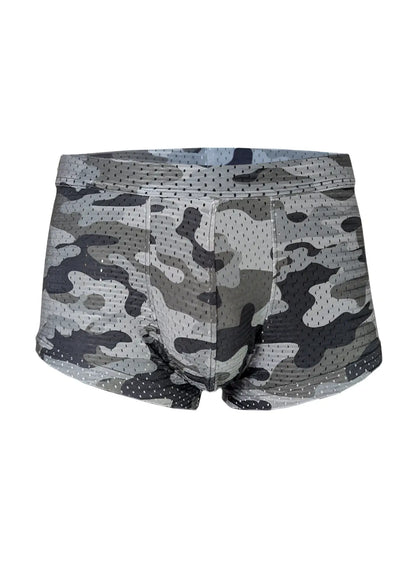 Gray and black camouflage patterned nylon mesh boxer briefs named nylux camo trunk for comfortable everyday wear
