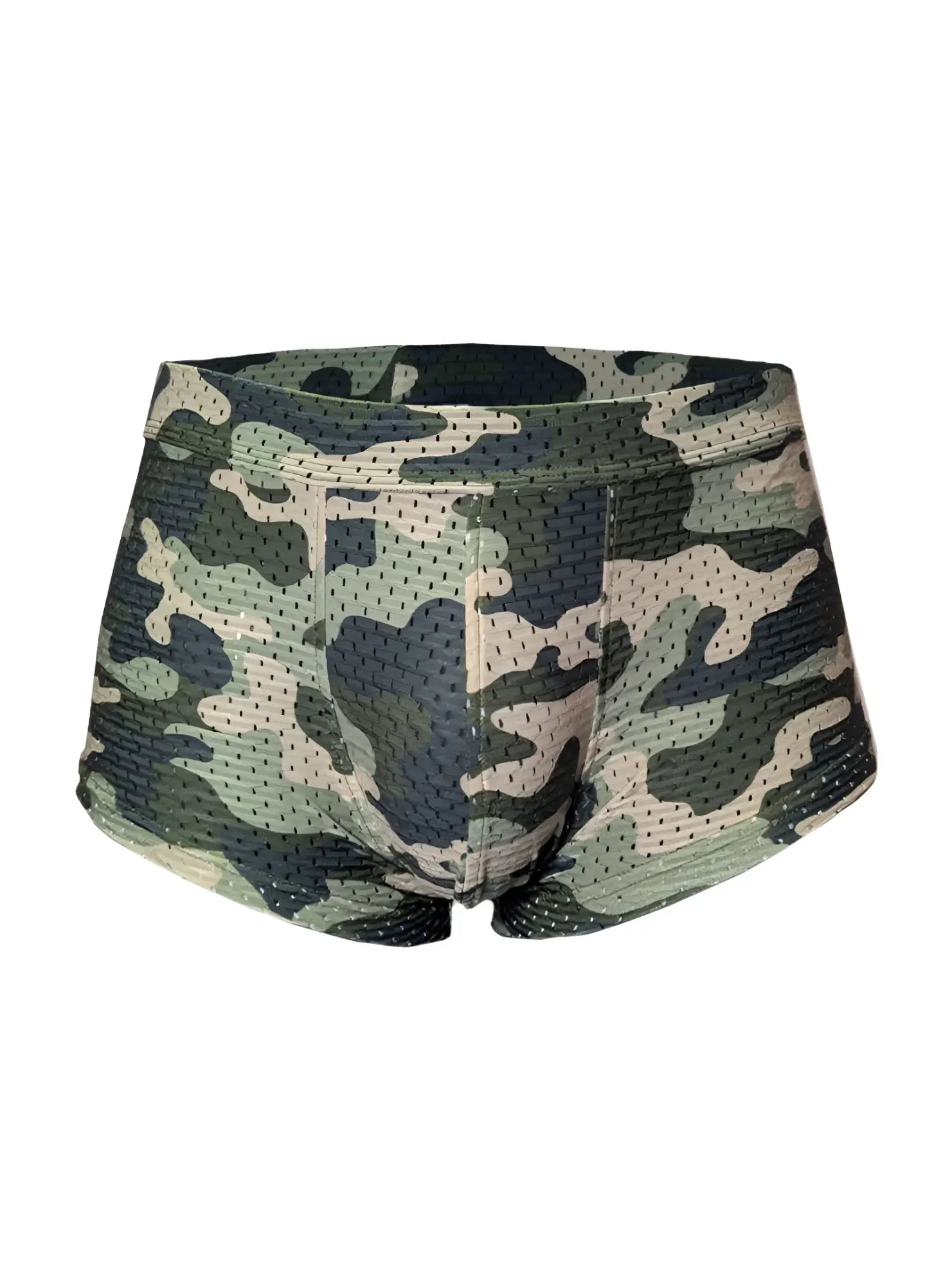 Green and beige camouflage-patterned mesh briefs nylux camo trunk made of breathable mesh material