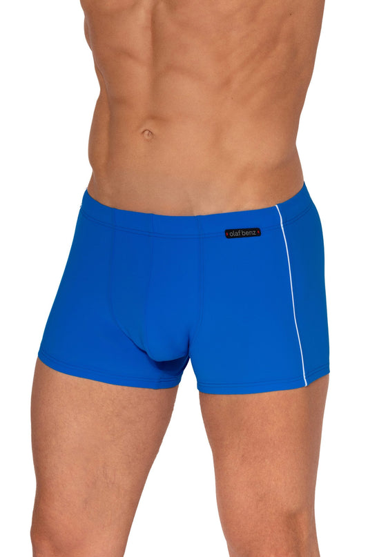 Olaf Benz bright blue swim trunks with white piping and black logo tag.
