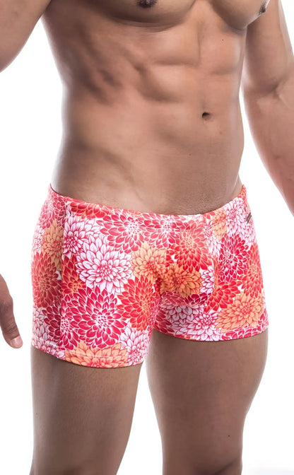 Oceanico square cut vibrant floral-patterned swim trunks in pink red and orange perfect for beachwear