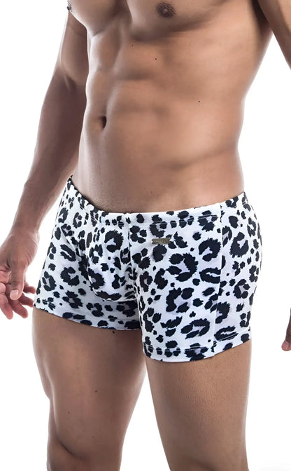 White swim trunks oceanico square cut with bold black leopard print pattern for stylish beachwear