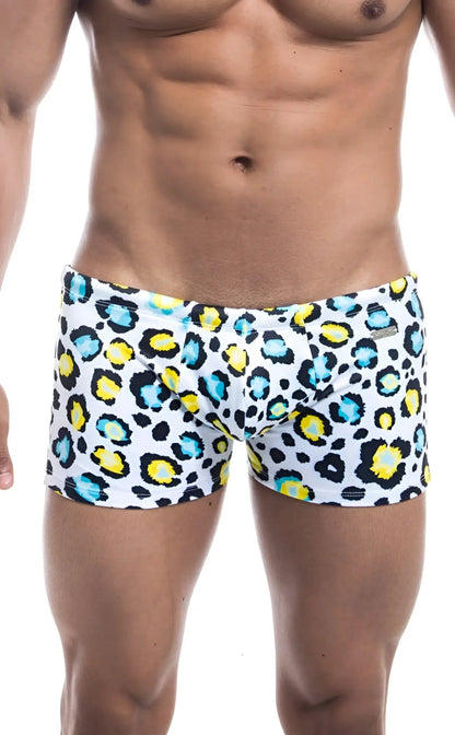 Oceanico square cut white swim trunks with bold black yellow and teal leopard print pattern for beachwear