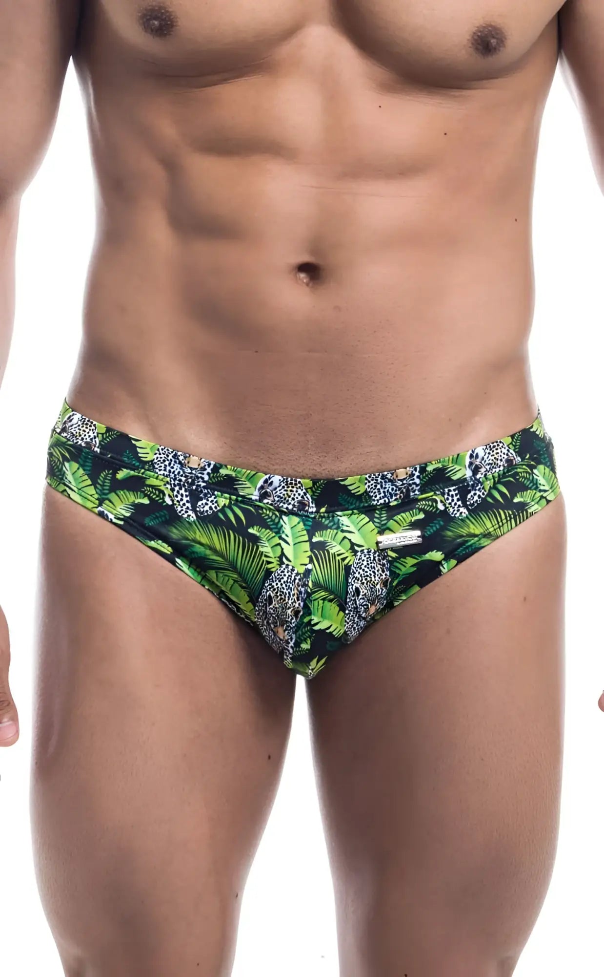 Oceanico swim bikini green and black tropical print swim trunks with palm leaves and jaguar pattern