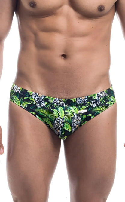 Oceanico swim bikini green and black tropical print swim trunks with palm leaves and jaguar pattern