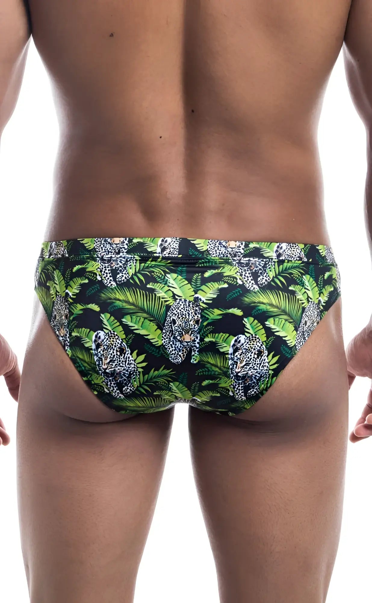 Oceanico swim bikini green and black swim trunks with vibrant tropical leopard and palm leaf pattern for beachwear