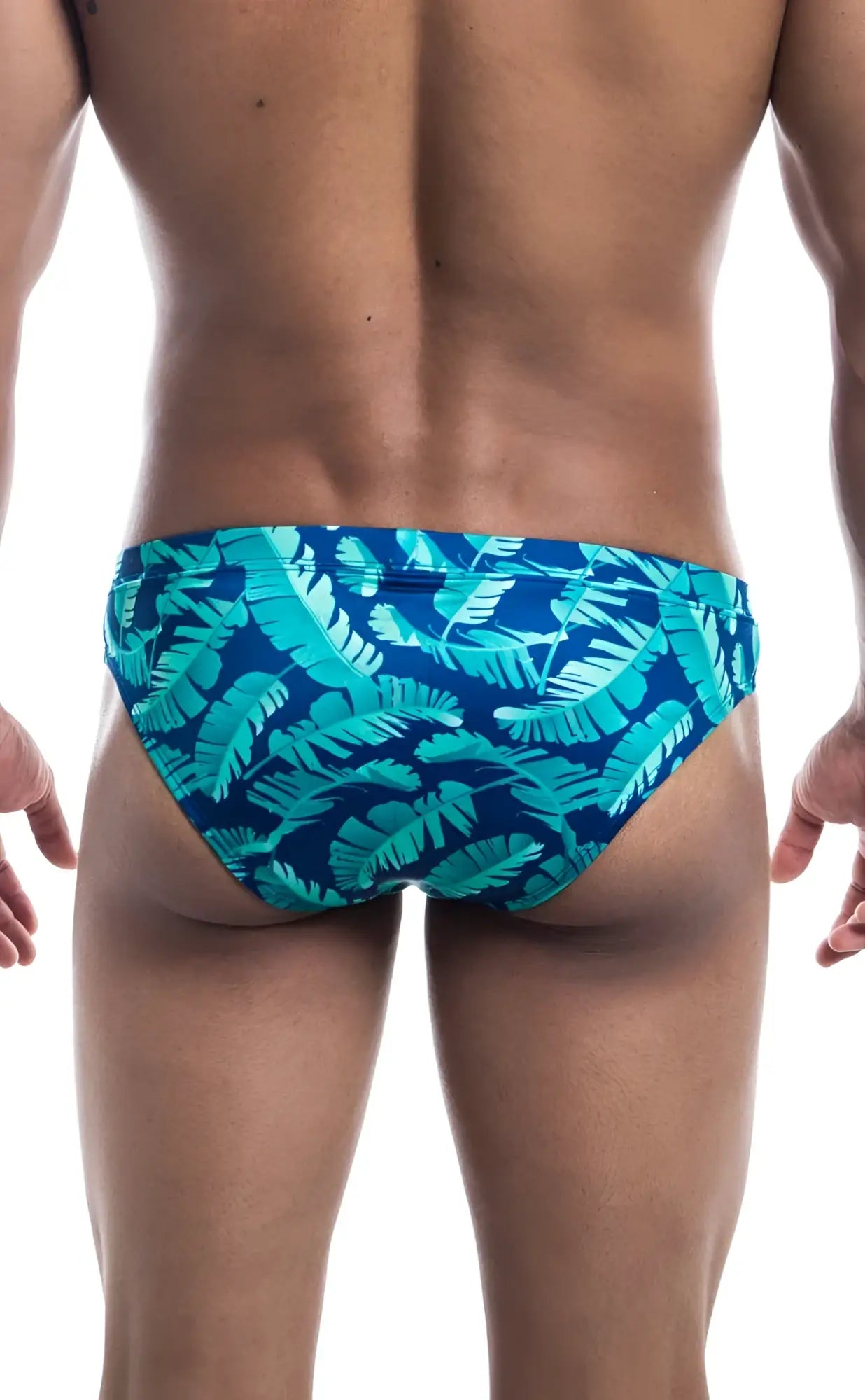 Oceanico swim bikini made of blue and teal tropical leaf patterned fabric perfect for beachwear