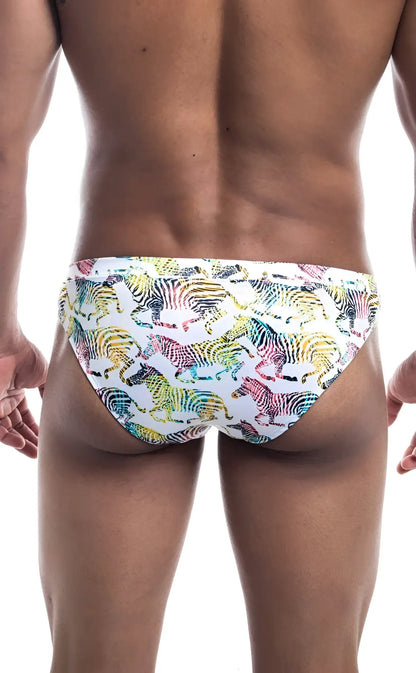 Oceanico swim bikini white swim trunks with vibrant multicolored rainbow zebra pattern for beachwear