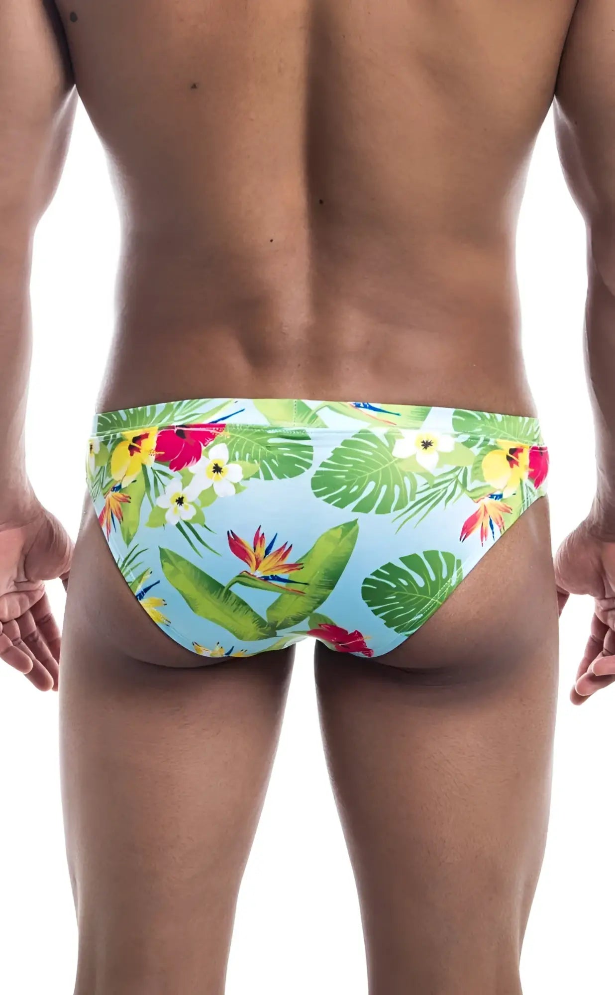 Oceanico swim bikini brightly colored light blue tropical print swim trunks with green leaves and red yellow flowers