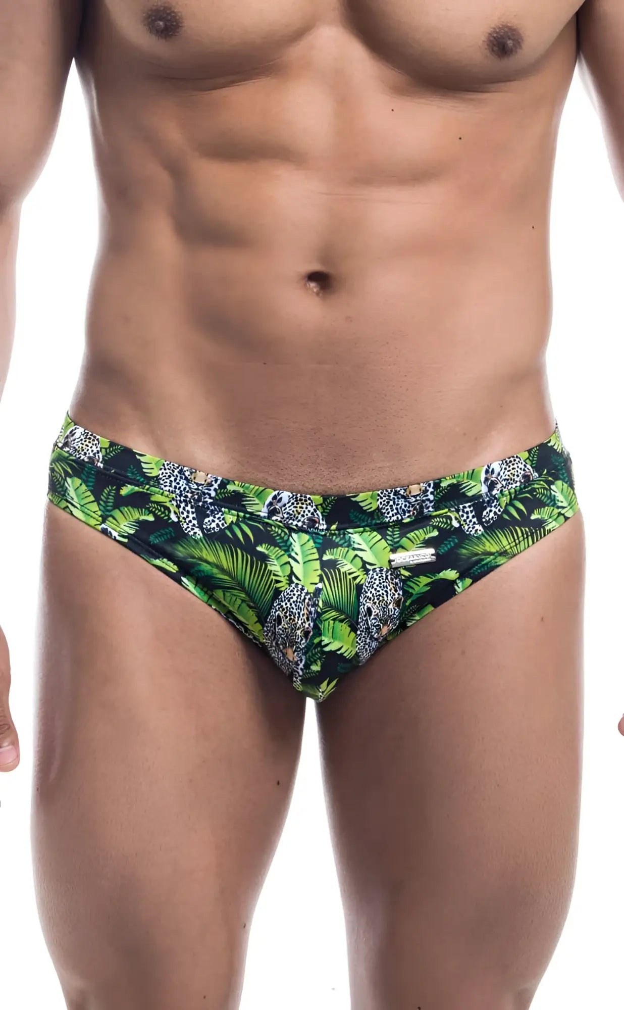 Oceanico swim bikini green and black swim trunks with vibrant jungle pattern featuring leopard prints and tropical leaves
