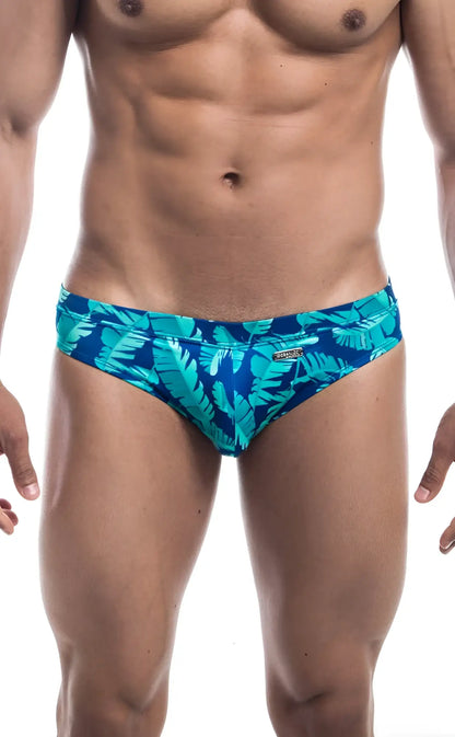 Oceanico swim bikini turquoise and deep blue tropical leaf-patterned swim trunks perfect for beachwear