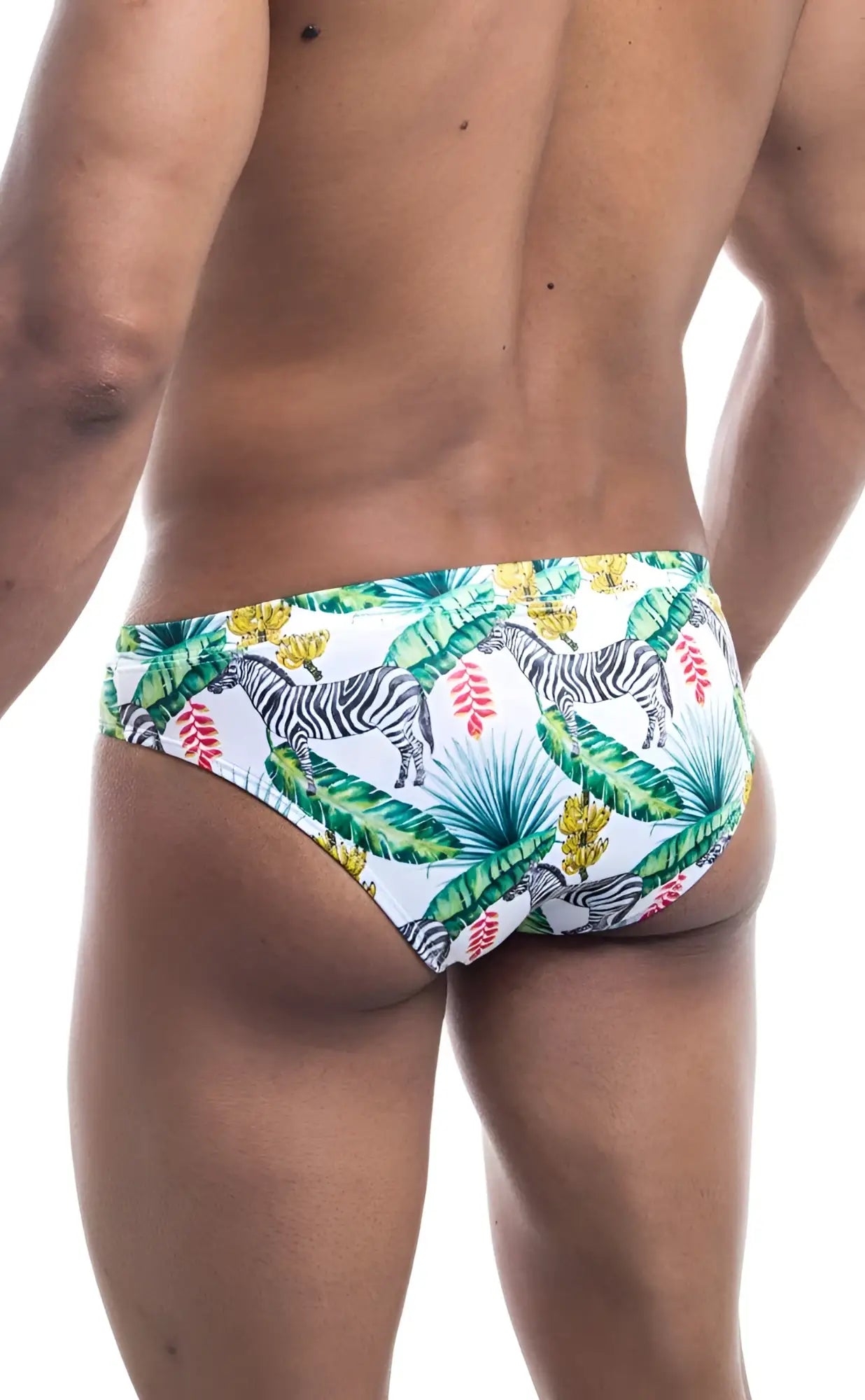 White oceanico swim bikini trunks with vibrant tropical pattern of black and white zebras green palm leaves and pink flowers