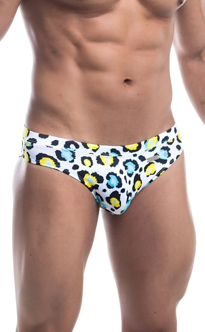 White swim trunks by oceanico swim bikini featuring bold leopard print with yellow and light blue spots