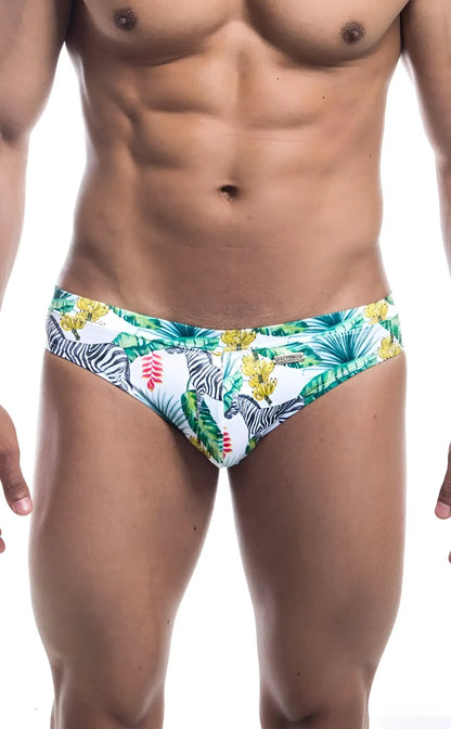 Oceanico swim bikini vibrant tropical-patterned swim trunks with zebra stripes green palm leaves and yellow flowers on white